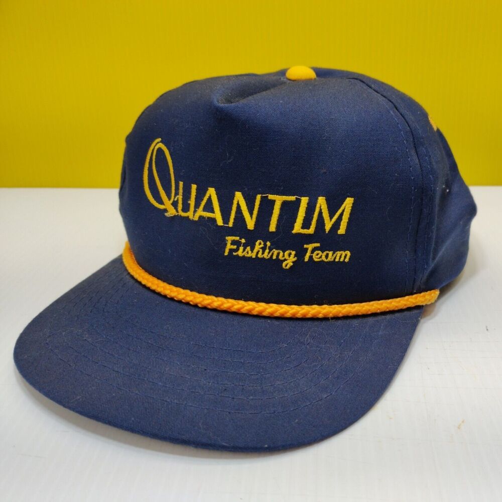 Vtg Quantum Fishing Angler Team SnapBack Hat Cord Royal Blue Gold Bass Trout Pan